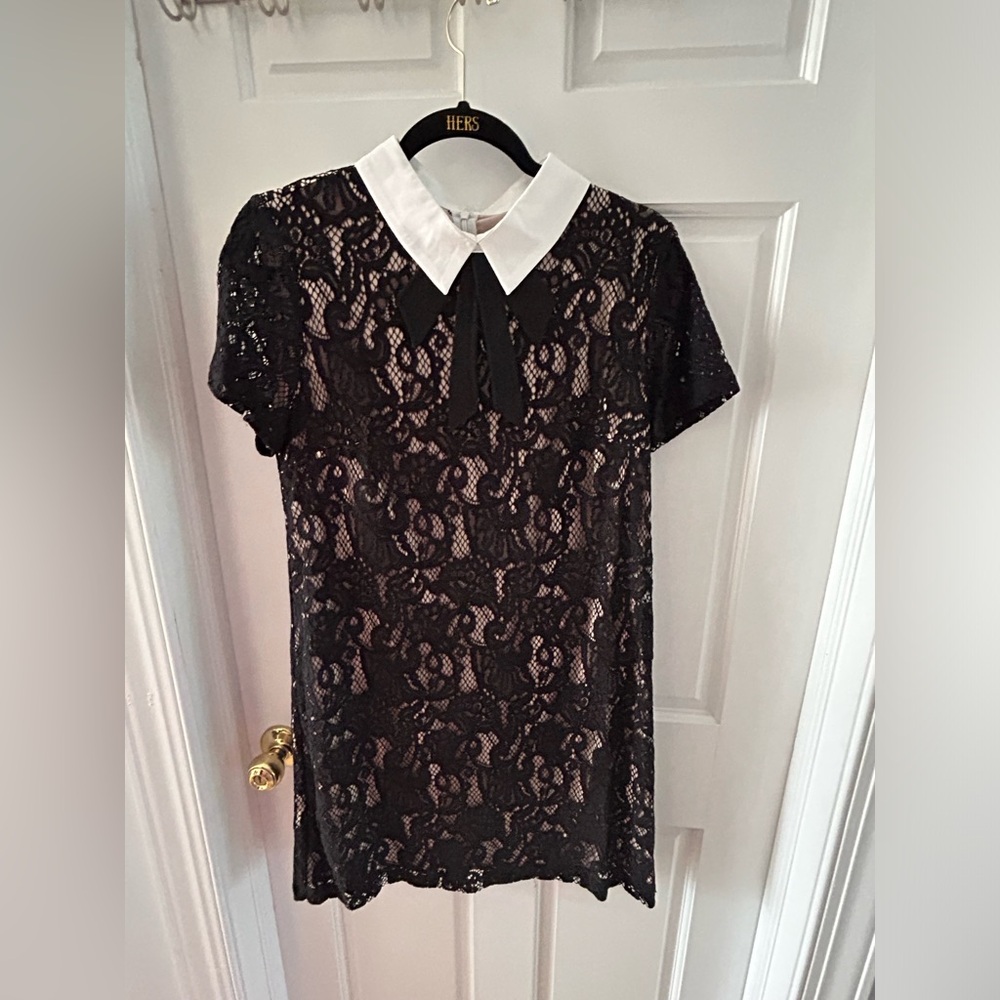 Black lace mini dress w/ white collar - Wednesday Adams vibes by Betsey Johnson